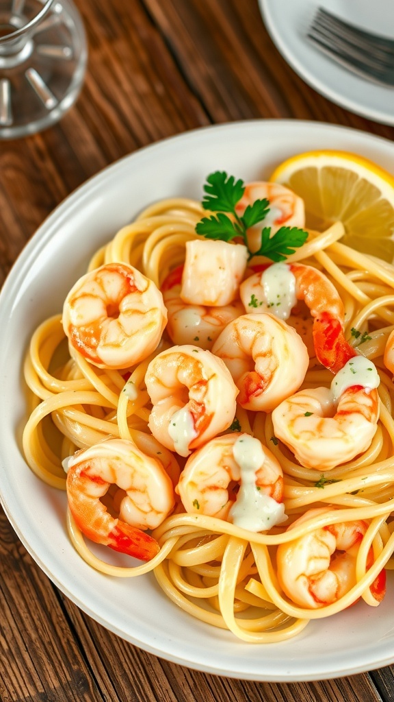 Creamy seafood pasta with shrimp and scallops, garnished with parsley and lemon on a rustic table.